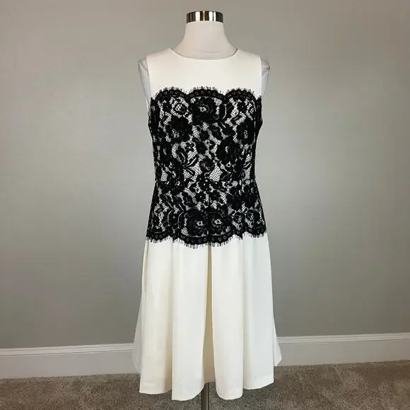 Calvin Klein Lace and Crepe Fit and Flare Cocktail Dress White and Black Size 6 - Picture 2 of 11